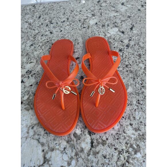 Tory Burch Jelly Bow Tie Gold Logo Flip Flops flats , Poppy Orange, Size 9 - Picture 2 of 10
